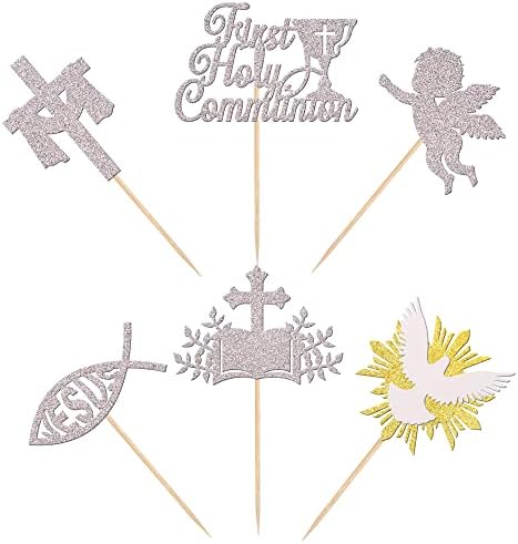 Rsstarxi 24 Pack First Holy Communion Cupcake Toppers Cross Dove Angel God Bless Cupcake Picks Christian Baptism Cake Decorations for First Communion Baby Shower Birthday Party Supplies Silver