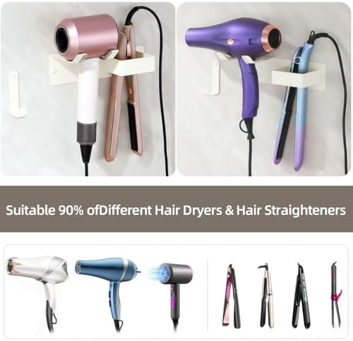 Hair Dryer and Straightener Holder, Upgraded Hair Straightener Holder with Cable Hook, Stainless Steel Universal Hair Dryer Wall Mount Waterproof for Bathroom Space-Saving White