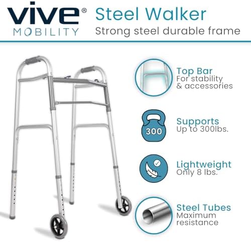 Vive Folding Walker for Seniors - Sturdy Steel Foldable Frame for Adults - Standard Walker with 5” Front Wheels and 2 Rear Ski Glides - Supports up to 300lbs, Adjustable Height