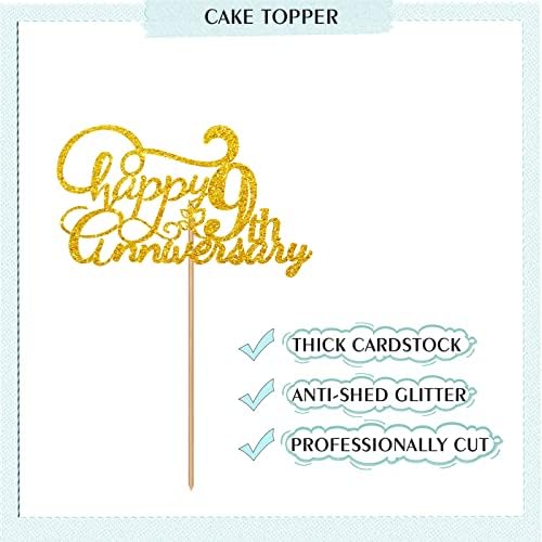 Happy 9th Anniversary Cake Topper, Cheers to 9th Years Old Birthday Cake Decor, Gold Glitter Cake Decorations for Nine Anniversary Wedding Party