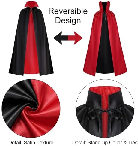 Vampire Costume for Men and Women, Red Black Cape with Fangs and Tattoo Stickers, Dracula Halloween Cosplay