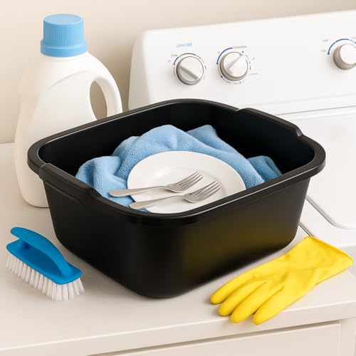 18 Quart Plastic Dishpan, Black Multi-Purpose Wash Basin Tub for Kitchen, Sink, Laundry, Cleaning Tasks