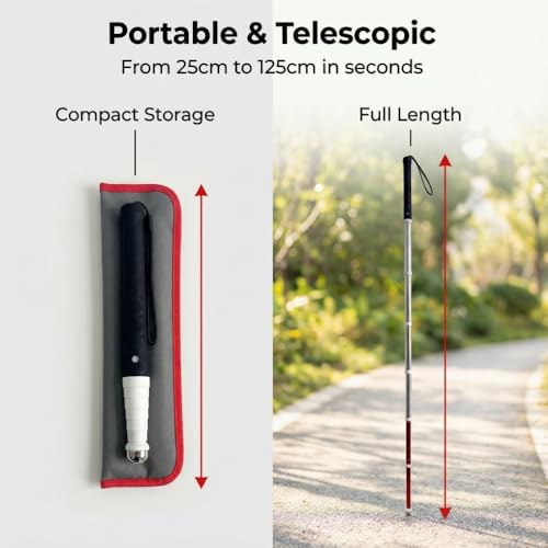 Telescopic Retractable White Cane for Blind-Foldable Mobility Stick with Wrist Strap&Storage Pouch,Non-Slip Sweat-Absorbent Handle,Fixed Alloy Tip|Lightweight Portable Blind Walking Cane Stick