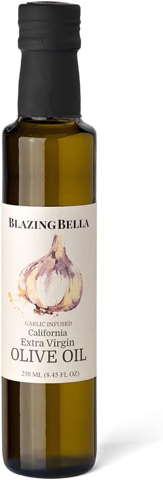Blazing Bella Garlic Infused Extra Virgin Olive Oil – Rich Fresh Garlic Flavor, Cold Pressed California Olive Oil, Perfect for Pasta, Vegetables, Bread, and Finishing – 8.45 fl oz (250ml)