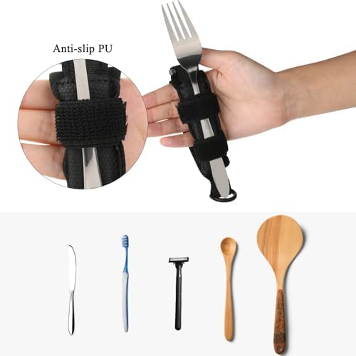 Beautyflier Spoon Fork Universal Cuff Utensil Adjustable Holder Strap for Holding Cutlery, Pens, Toothbrushes for Elderly or Individuals with Weak Grip (Black)