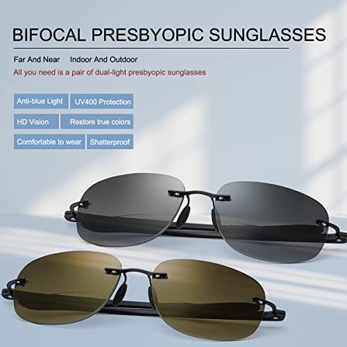 2 Pairs Rimless Bifocal Reading Glasses UV Protection Sunglasses Anti Blue Light Blocking Sun Readers for Men Women