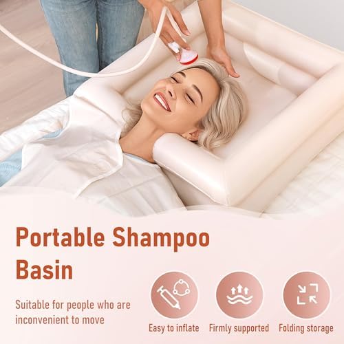 Inflatable Bedside Shampoo Set with Water Bag and Waterproof Shawl. Wash Hair in Bed for Children, the Elderly, Pregnant Women, Post-surgery or Bedridden Patients. Water Bag Capacity 2.1 Gallons (8L)