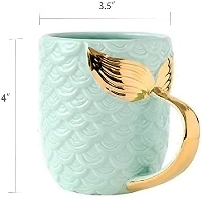 ZaH 15 oz Mermaid Mug Ceramic Coffee Mugs Big Cute Cups Cappuccino Teacup Birthday Bridal Shower Engagement Wedding Gifts Soup Mug for Men Women Kids Girls Boys (Gold Handle Blue Mermaid Tail)