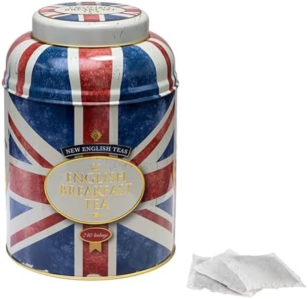 New English Teas Union Jack Large Round Tea Caddy with 240 English Breakfast Teabags