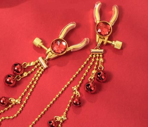 QLXSTM Tassel Rhinestone Nipple Clamps with Multiple Bells and Chains - Adjustable, Non-Piercing Metal Stimulator Nipple Clips Adult Toys, Perfect for Women & Couples (RED)