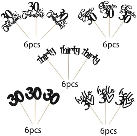 30 Pack 30th Birthday Cupcake Toppers Glitter Thirty Cheers to 30 Cupcake Picks Hello 30 Years Birthday Cupcake Decorations for Happy 30th Birthday Anniversary Party Supplies Black