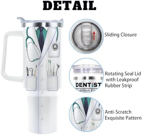 Dentist Tumbler Cup - 40 Oz Mug With Lid, Straw and Handle - Gift For Men and Women