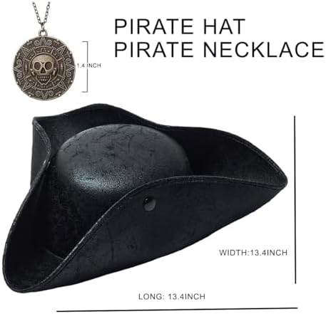 Pirate Hat for Woman Men Pirate Costume Accessories Renaissance Tricorn Hats with Necklace Halloween Adult Costume Accessory