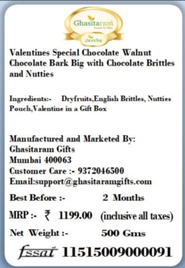 Ghasitaram Gifts Valentines Gift Valentines Day Chocolates for Girlfriend/Boyfriend/Husband and Wife Valentines Special Chocolate Walnut Chocolate Bark Big with Chocolate Brittles and Nutties