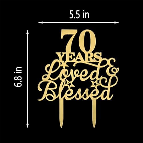 JIEEIN 70 Years Loved & Blessed Cake Topper - 70th Birthday, Wedding Anniversary Party Decorations - Mirror Gold Acrylic