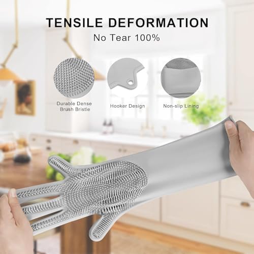Dishwashing Sponge Gloves for Kitchen, Dishwashing Gloves Reusable Rubber Cleaning Gloves, Silicone Dishwashing Gloves Scrubber Glove, Washing Gloves for Housework, Car, Bathroom, Clothes, Pet (Gray)