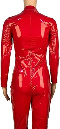 Women's Bodysuit Shiny Patent Red PVC Leather Catsuit Full Body Sexy Latex Tight Zipper Jumpsuit Rubber Clothing