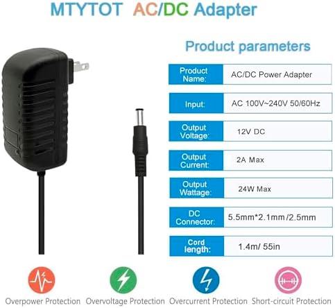 DC 12Volt 2A Power Supply Adapter 24W AC DC Wall Adapter 100-240V AC to DC 12V 2A 1.5A Power Adapter Cord Converter with 5.5mm x 2.5mm Compatible with 5.5x2.1mm Tip 12V ac/dc Transformer