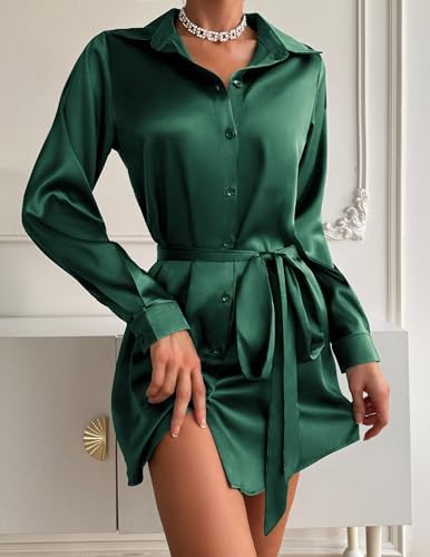 Zeagoo Women's Stain Long Sleeve Dress Button Down Shirts Tunic Dresses Casual V-Neck Mini Dress with Belt
