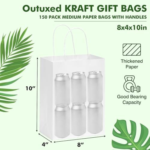 OUTUXED 150pcs White Paper Gift Bags, 8x4x10in White Kraft Paper Bags with Handles Bulk Medium Size for Valentines, Retail, Shopping, Wedding, Favor, Birthday Party, Business, Grocery