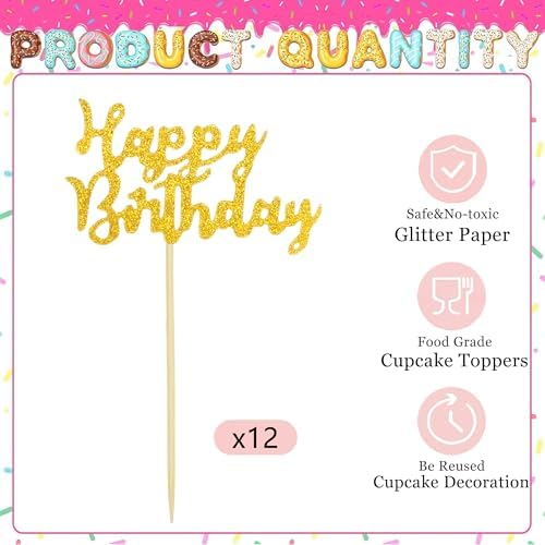 12 Pcs Happy Birthday Cupcake Toppers, Gold Glitter Cupcake Decorations for Adult or Children Birthday Party Decorations