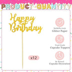12 Pcs Happy Birthday Cupcake Toppers, Gold Glitter Cupcake Decorations for Adult or Children Birthday Party Decorations