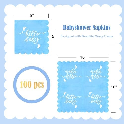 100pcs Blue Baby Shower Napkins, Scalloped Hello Baby Cocktail Napkins 2 Ply Disposable Napkins Decorative Neutral Dinner Napkins for Baby Boy Birthday Gender Reveal Party Decorations