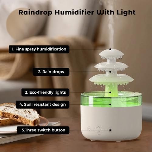 Humidifiers for Bedroom, Rain Cloud Humidifier with 7 Colors Night Light, Simulate Falling Raindrops Small Humidifier Aroma Diffuser for Sleeping, Relaxing (Fountain-White)
