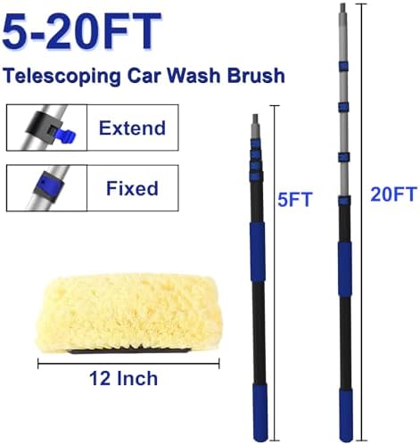 26Ft Reach Car Wash Brush with Long Handle, Car Cleaning Brush 12-Inch Soft Bristles, 5-20Foot Aluminium Telescoping Pole for Scratch-Free Cleaning RV, Car, Boats, Truck, Floors, Solar Panels