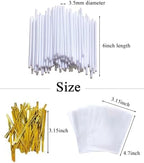 6-inch Plastic Cake Pop Sticks and Bags Kit, White Lollipop Sticks for Candy, Chocolate, Cakepop Accesories including 100 Sticks, 100 Bags, 100 Ties (Gold)