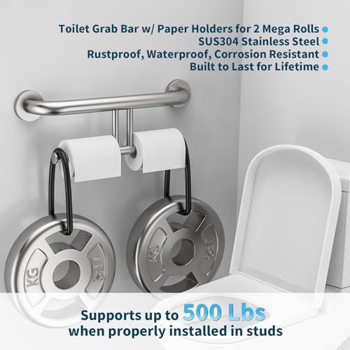 Grab Bar w/Double Toilet Paper Roll Holder Brushed Nickel, iHansee Stainless Steel Shower Support Balanced Support Handle, Wall Mounted Safety Handrail Grab Rail for Elderly Senior Handicap Disabled