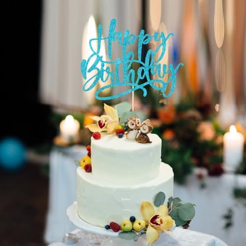 Kaoenla Happy Birthday Cake Topper, light blue Glitter handwork Happy Birthday Cake Decoration Suitable For Anniversary/Birthday Party Decor