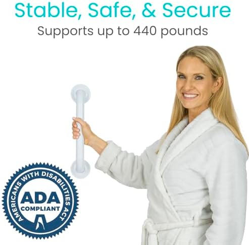 Vive Grab Bar for Showers - Bathroom Antislip Handrail for Seniors, Elderly Assistance Product, Heavy Duty Shower Handles, Handicap Grab Bars, Stainless Steel, Multipurpose, 440 lbs (White)
