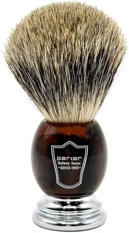 Parker 3-Band Pure Badger Shaving Brush with Faux Horn & Chrome Handle + Stand | 22mm Soft Knot for Dense Lather | Handcrafted Wet Shaving Brush for Cream or Soap | Long Loft