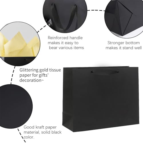 SHIPKEY 3 Pack Extra Large Black Gift Bags with Gold Tissue Paper, 16x6x12 Inches Kraft Paper Shopping Bags with Ribbon Handles for Birthday, Wedding, Party, and Holiday Gifts