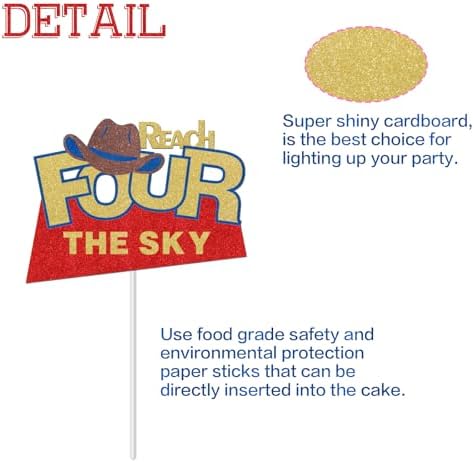 Reach Four the Sky Cake Topper - Outer Space Theme 4th Birthday Cake Picks for Kids Boys Girls - Toy Inspired Four Years Old Birthday Party Supplies