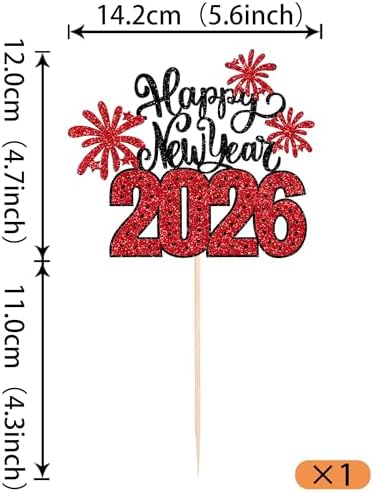 1 Pack 2026 Happy New Year Cake Topper Glitter Hello 2026 Fireworks Cake Pick Welcome 2026 Happy New Year's Eve Cake Decoration Party Supplies Red