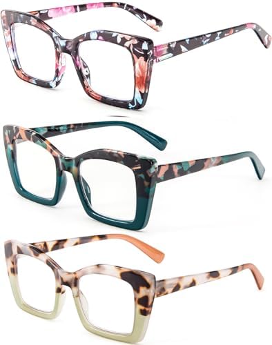 REAVEE Oversized Square Reading Glasses for Women, Blue Light Blocking Large Frame Computer Readers Spring Hinge
