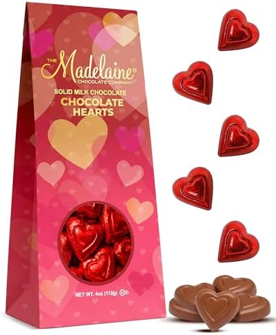 Madelaine Solid Milk Chocolate Red Heart Candy – Foil Wrapped Heart Chocolates for Easter Candy Basket Fillers, Mother’s Day & Romantic Gifting, Party Favors – 4 oz Box