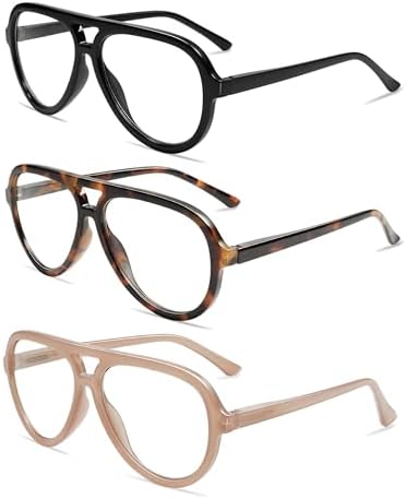 AMOMOMA 3 Pack Retro Oversized Aviator Reading Glasses for Women Men,Classic Large Reader Blue Light Computer Frame AM6111