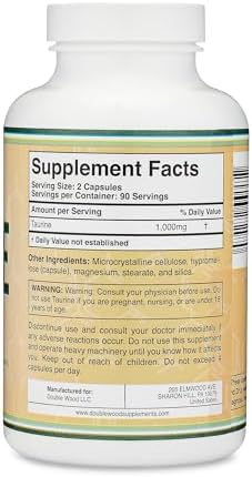 Taurine Supplement 1000mg Per Serving, 180 Capsules - Amino Acid Studied to Support a Longer, Healthier Life (Taurina) Vegan Safe, Gluten Free, Non-GMO by Double Wood