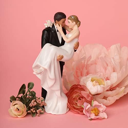 Wedding Collectibles Interracial Wedding Cake Toppers Bride and Groom | African American Groom Holding Caucasian Bride | Unique Interracial Cake Topper Figurine | Fine Porcelain | 6 Inches