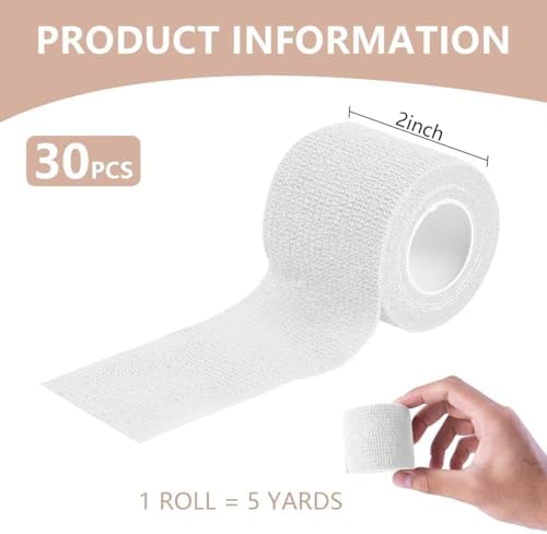 KISEER 30 Pack 2 Inch x 5 Yards White Self Adhesive Bandage Breathable Cohesive Bandage Wrap Rolls Elastic Self-Adherent Tape for Stretch Athletic, Sports, Wrist, Ankle
