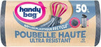 Handy Bag Rolls of 15 Bin Liners, 50 L, Heavy Duty, 80% Recycled Plastic, Sliding Handles, Ultra Protection Technology, Leak-proof, 47 x 85 cm
