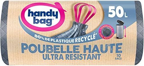 Handy Bag Rolls of 15 Bin Liners, 50 L, Heavy Duty, 80% Recycled Plastic, Sliding Handles, Ultra Protection Technology, Leak-proof, 47 x 85 cm