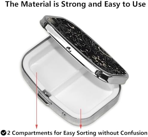ABLESKY Pill Box, 2 Compartment Pill Organizer Case for Pocket or Purse, Small Portable Metal Travel Medicine Box with Mirror, Daily Vitamins Fish Oil Container-Tarot Constellation Moon Sun