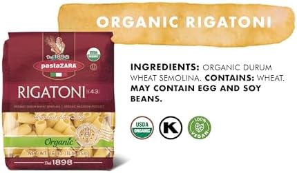 PASTA ZARA - Rigatoni - Organic - 100% Italian Pasta, Made with Durum Wheat Semolina Flour, Non GMO, Kosher (1 LB. BAG) - Consistently al Dente.