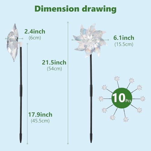 BATTIFE 10 Pack Reflective Pinwheels with Stakes, Pre-Installed Sparkly Silver Wind Spinner, Decorative Pin Wheel Bird and Animal Deterrent for Garden, Yard, Lawn