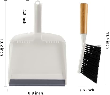 SUBEKYU Dustpan and Brush Set with Bamboo Handle, Hand Mini Broom and Dustpan Set, Small Broom and Dustpan Set for Kitchen/Desktops/Bedroom, White, 1 Set