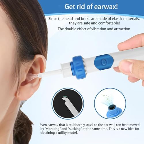Electric Ear Wax Removal Tool with Vibration Suction, Gentle Ear Wax Vacuum for Dry Ear Wax, 2 Soft Interchangeable Heads for Itchy Ears, Earwax Remover (Sapphire Blue)